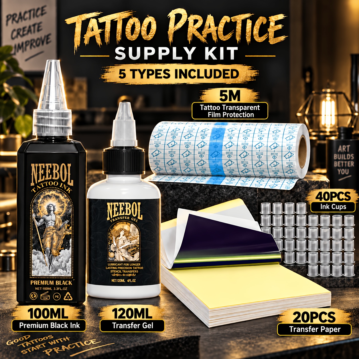 TEMU Tattoo Practice Supply Kit, 100ml Ink, 120ml Transfer Gel, 5m Tattoo Transparent Film, 40pcs Ink Cups And 20pcs Transfer Paper, Complete Tattoo