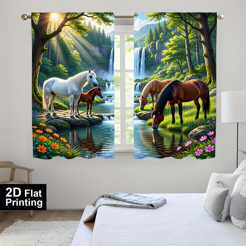 TEMU [ Product] 2pcs Forest Stream Horse Print Curtains, Soft Light, Privacy Protection, Pocket Rod Installation Suitable For Living Room, Kitchen,