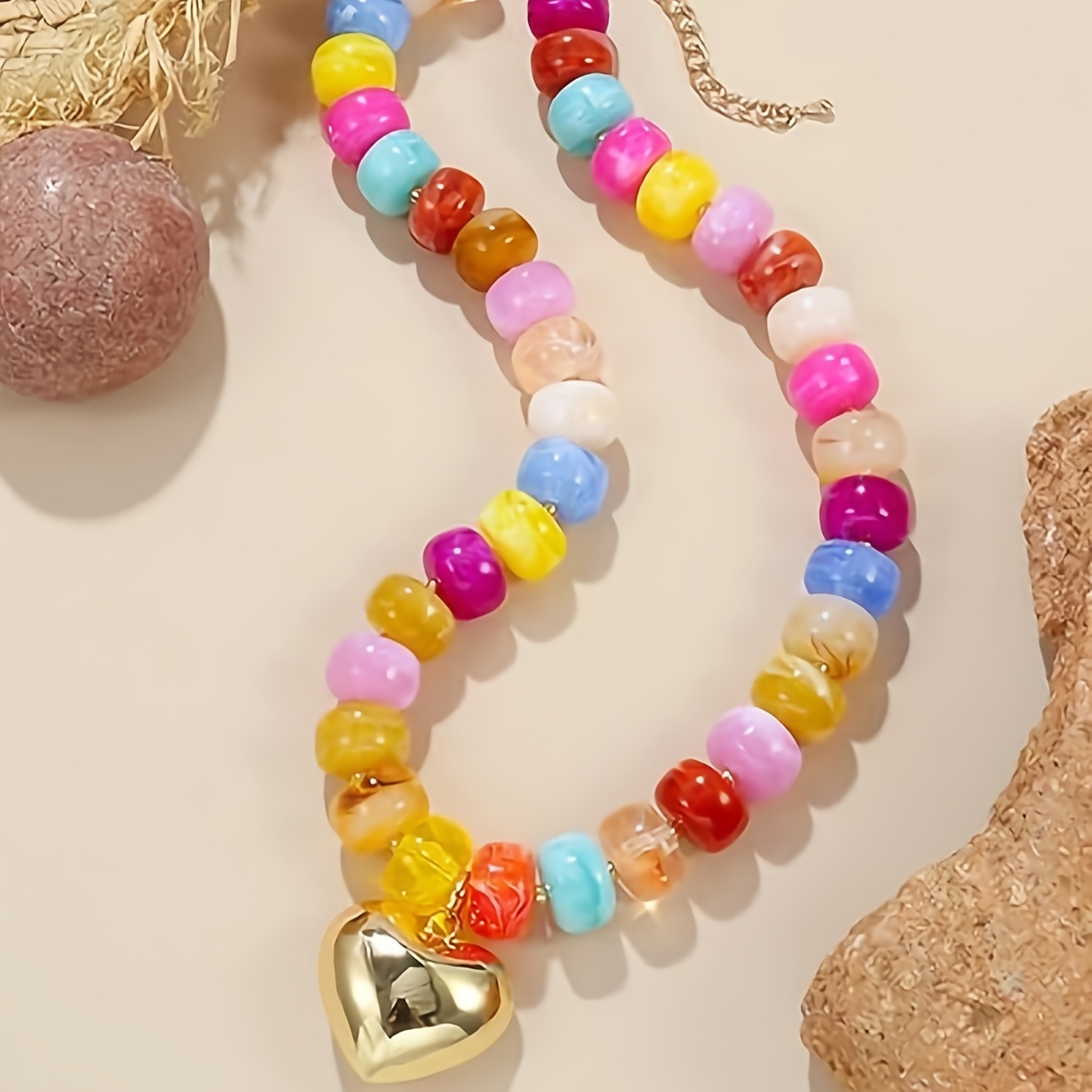 Exaggerated Style Golden Big Heart Pendant Necklace, Color-Blocking Beads