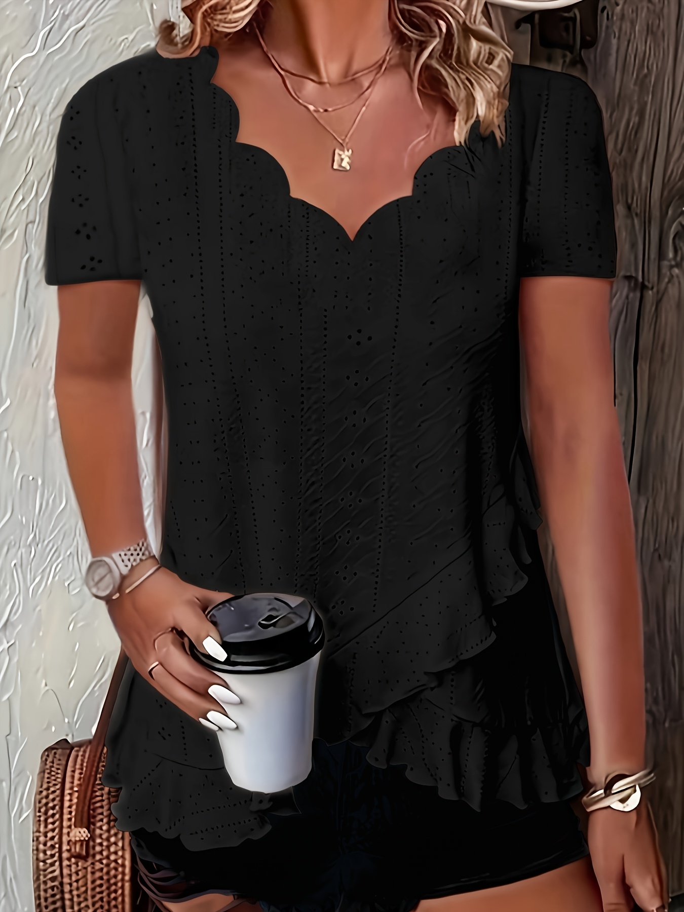 v neck jacquard hollow out   short sleeve top