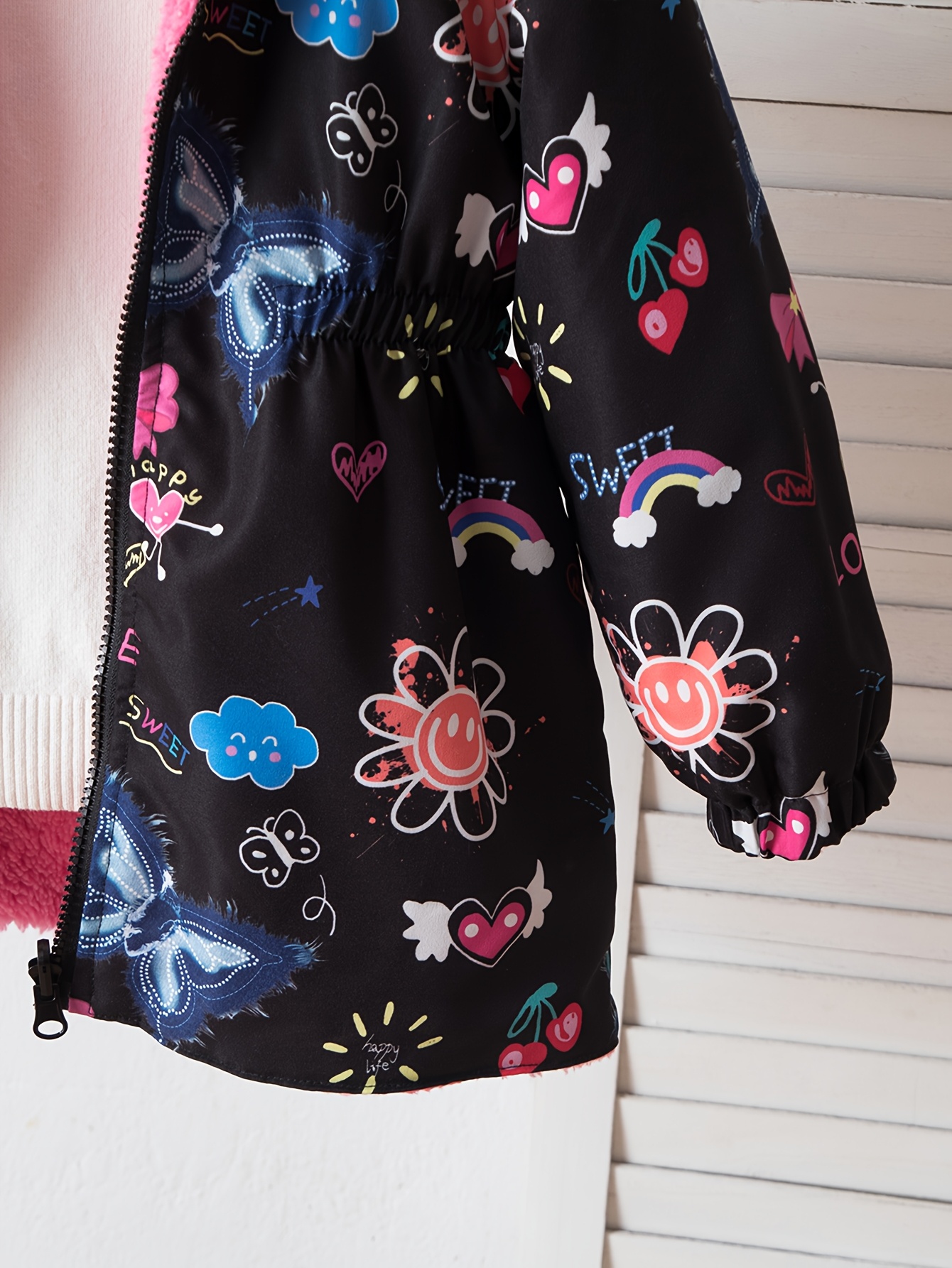 Girls' Windproof Casual Coat with Printed Hat Collar, Warm Outerwear