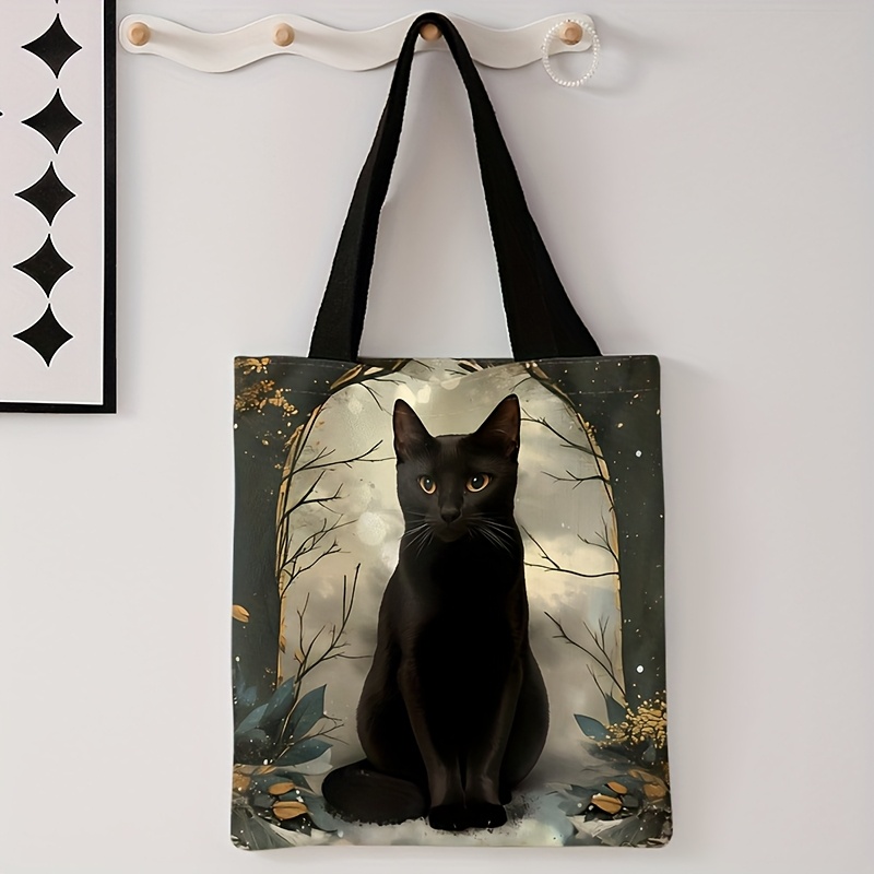 TEMU 1pc Double-sided Printing, Tree Branch Black Cat Pattern Print Large Capacity Handbag, Beach Bag, Foldable Shoulder Backpack, Suitable For