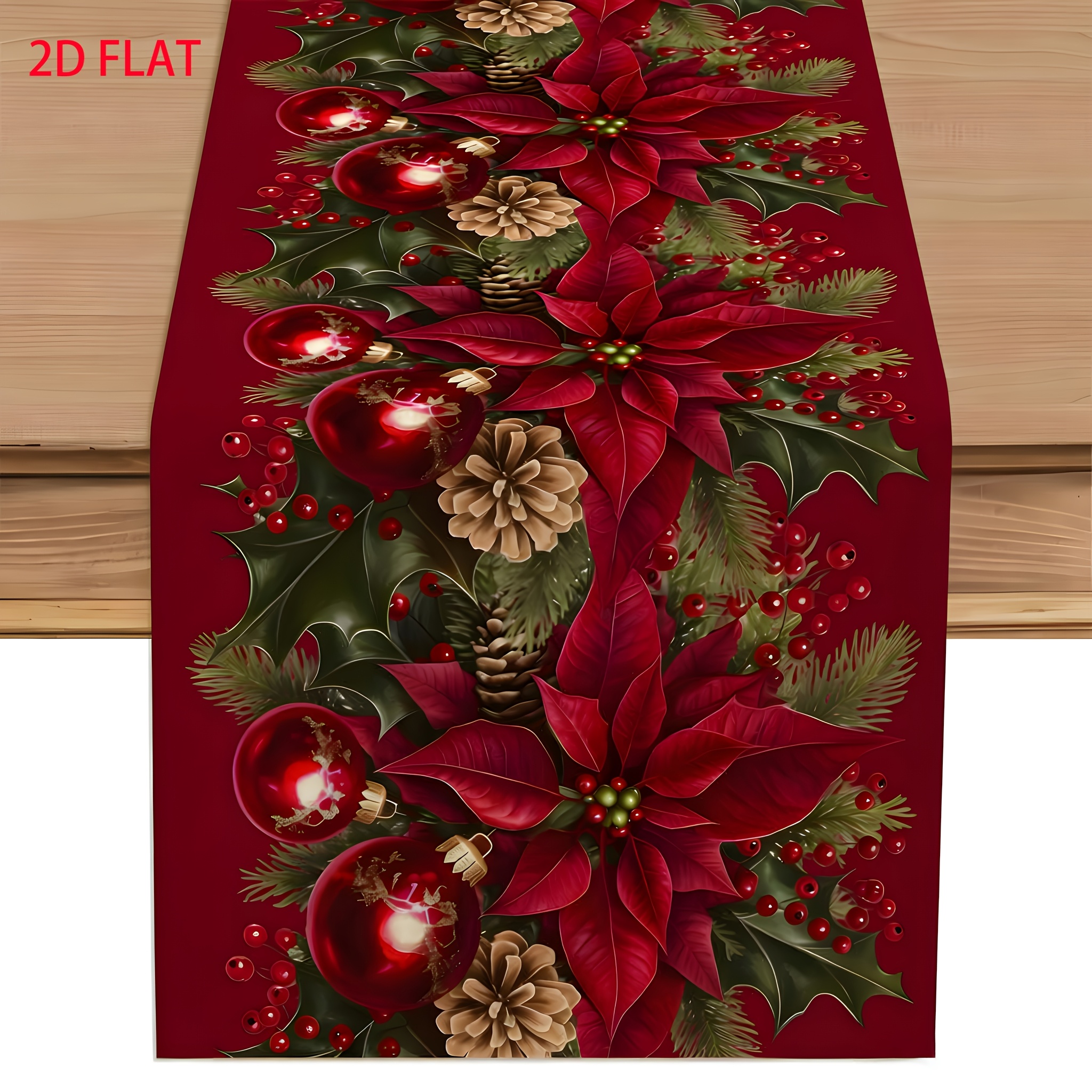 TEMU 1pc Christmas Table Runner, Christmas Ball Pine Cone Pine Branch Design, Suitable For Dining Table, Kitchen, Party Decoration, Holiday Table