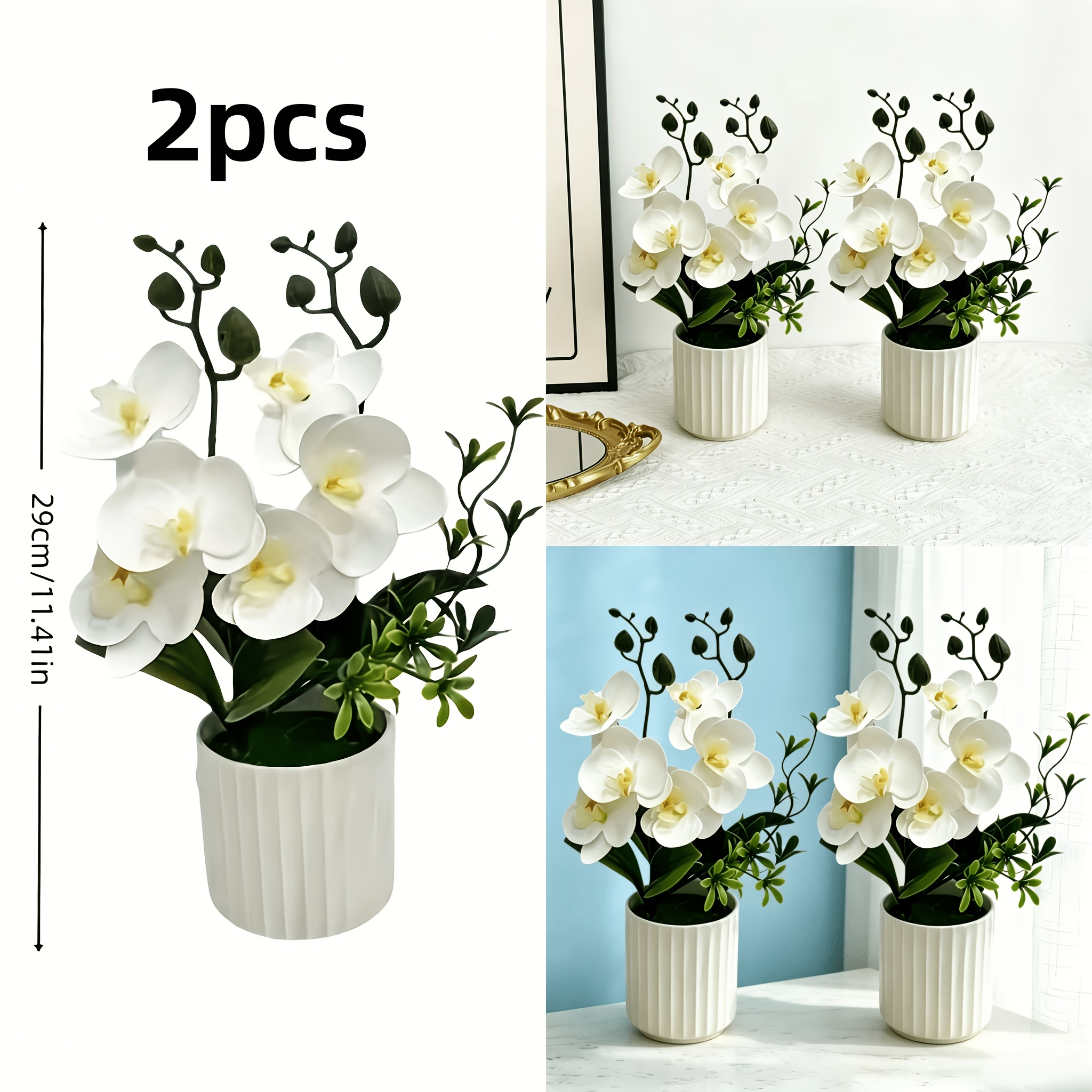 Image of 2pcs - Realistic White Phalaenopsis Orchid With Container, Suitable For Balcony, Desk, Office, Home Wedding Garden Decoration Faux Flowers, Holiday Arrangements