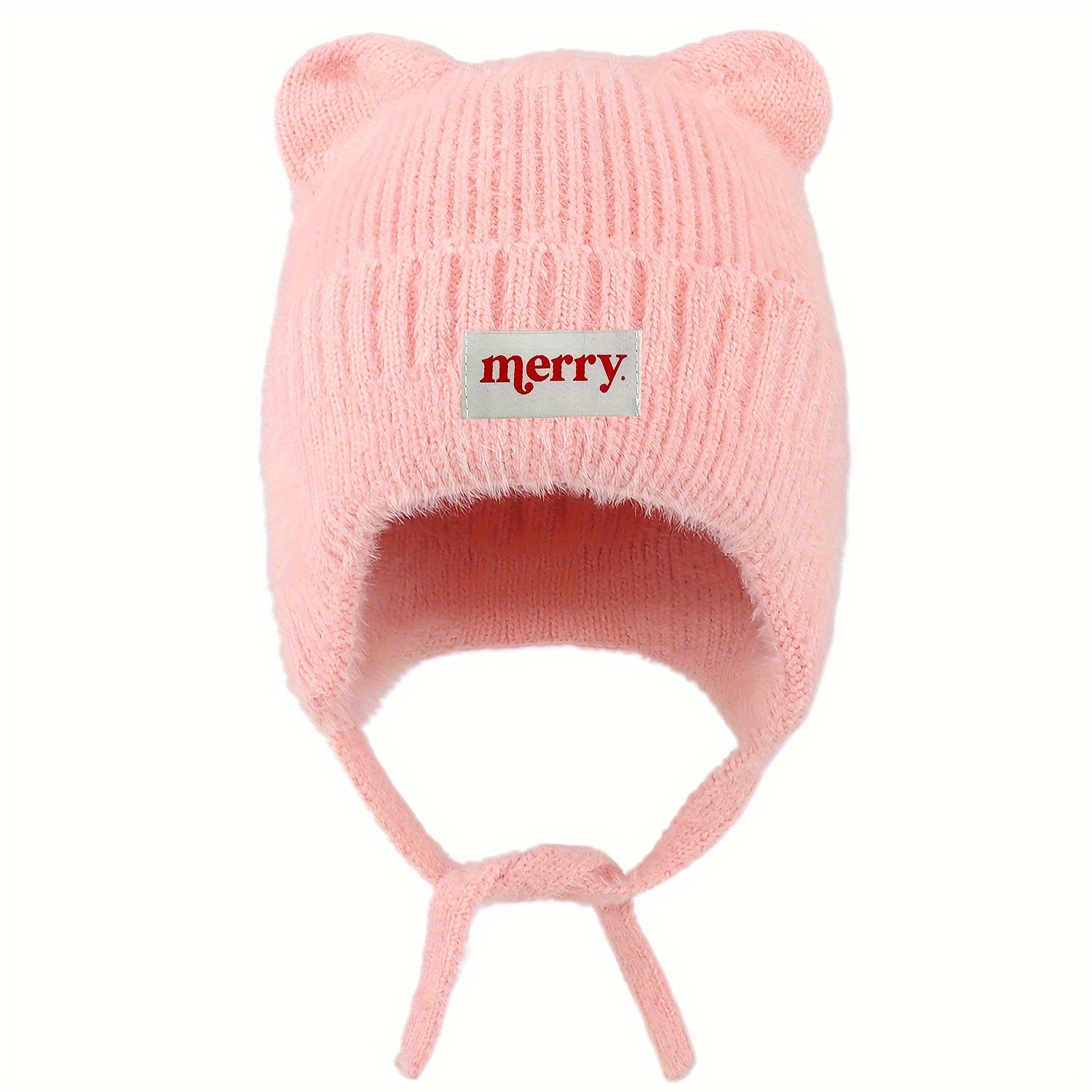 TEMU Christmas "merry" Bear Ear Winter Hat Unisex Ear Protection Beanie Warm Soft Fleece Hat Women's Windproof Tie Warm Knitted Hat High Elasticity