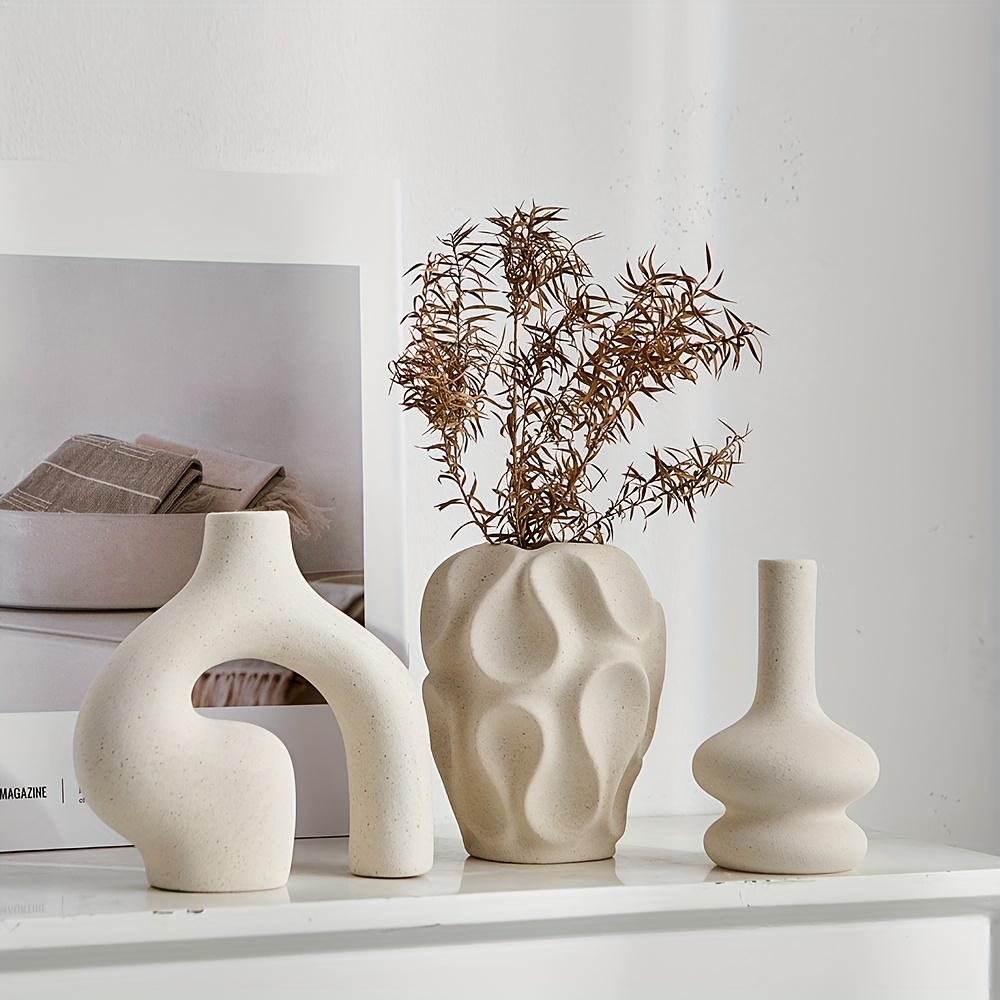 3pcs boho ceramic vase set modern   minimalist round donut shaped geometric pattern ideal for   decor living room entryway coffee table no battery required decorative gift details 4