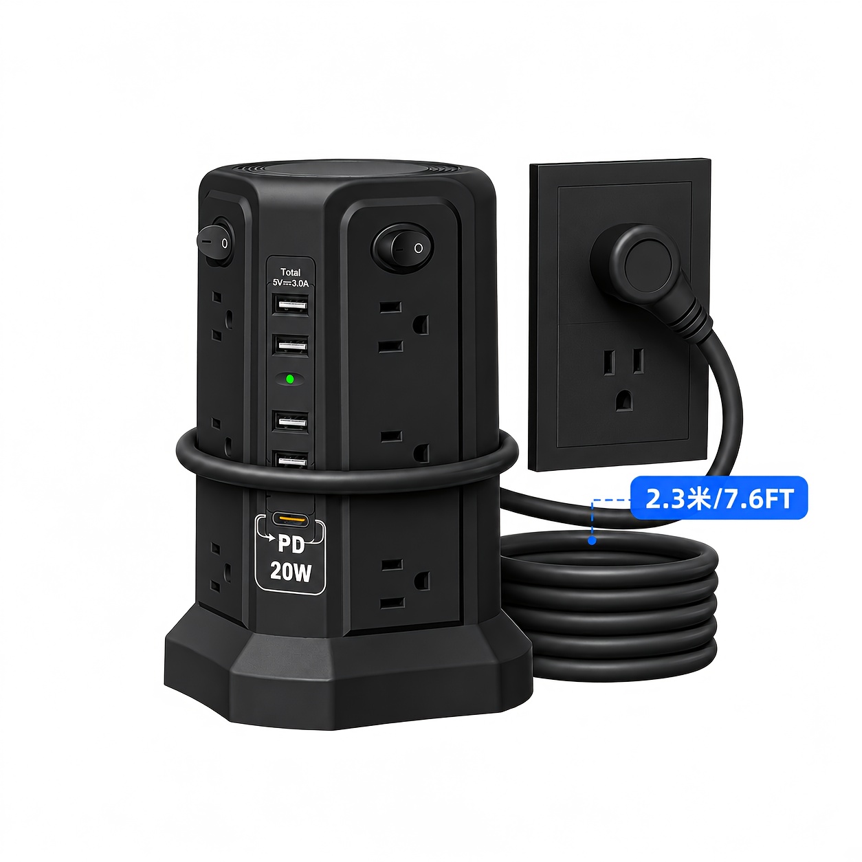 TEMU Angled Flat Plug 16 Ac Outlets Power Strip Tower With Usb C Port (pd18w), Protector With 5 Usb Charging Ports, 6ft Extension Cord Desktop Power