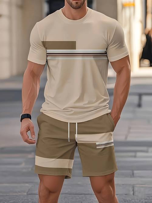 mens outdoor set summer trendy short sleeve round neck creative quick t shirt shorts 3 print retro style striped contrast pattern essential for street style individuals suitable for daily casual fitness running wear birthday gift for relatives or boyfriend