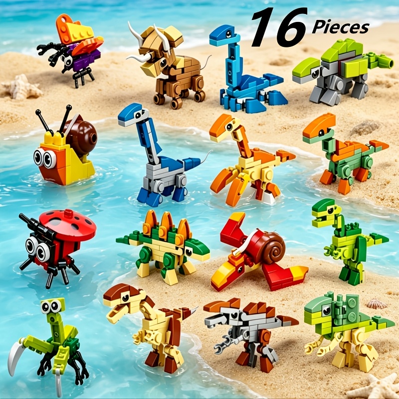 16pcs 3d Puzzle Building Blocks Set, Diy Assembly Dinosaur And Insect Building Block Puzzle Game