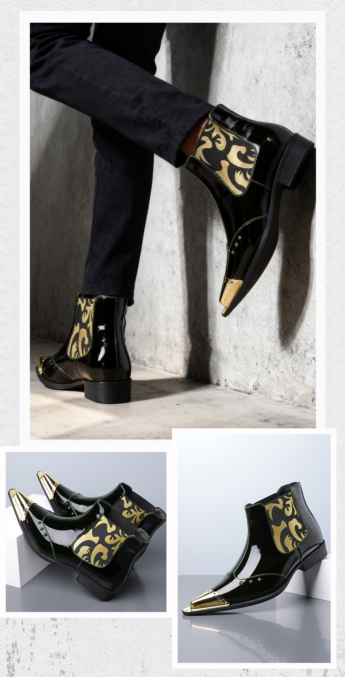 QRLQRL Men's Glossy Black/Golden Cloud Pattern PU Short Boots - Elastic Closure Slip-On/Lace-Like Buckle, Golden-Tipped Toe & Heel, All-Season Dress Boots for Casual & Formal Wear (Shoe Maintenance-Free)