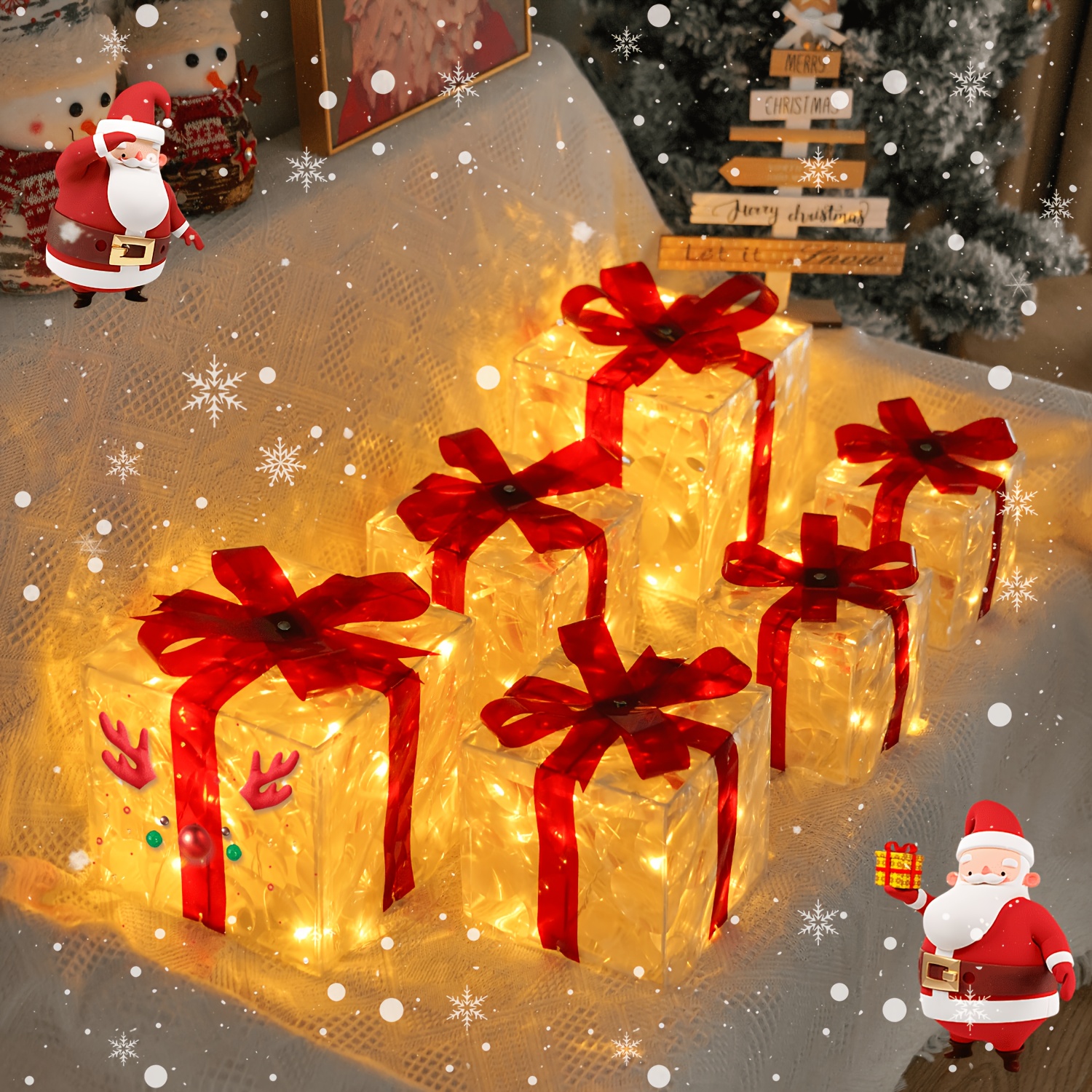 3pcs christmas light up gift box set warm white led lights battery operated red bow christmas decorations for home xmas tree window indoor outdoor