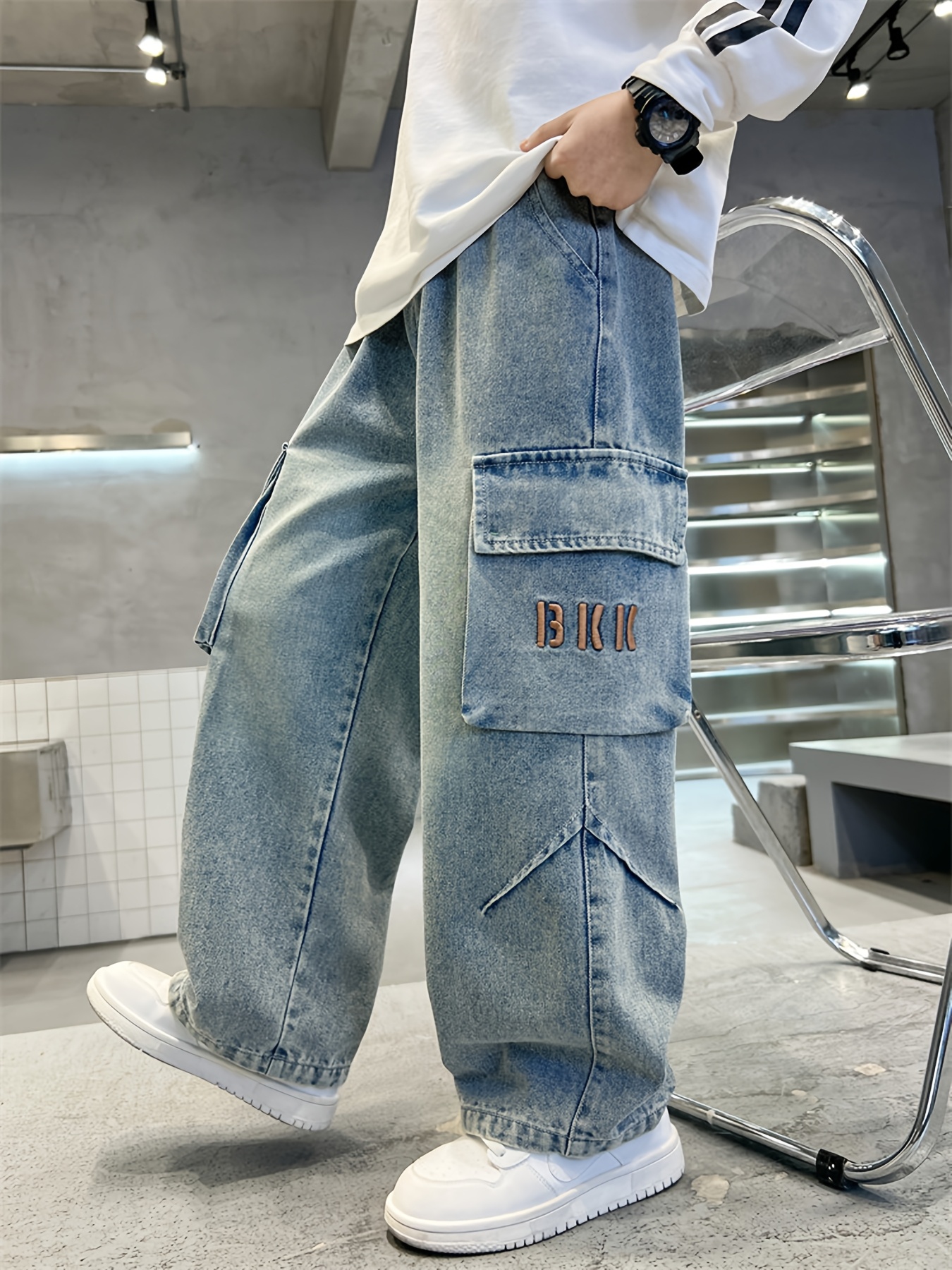 Boys' Cargo Denim Jeans Straight-Leg Pants with Large Pockets, Elastic  Waist, and Ribbed Cuffs for Spring, Fall, and Casual Wear, Jeans for Boys