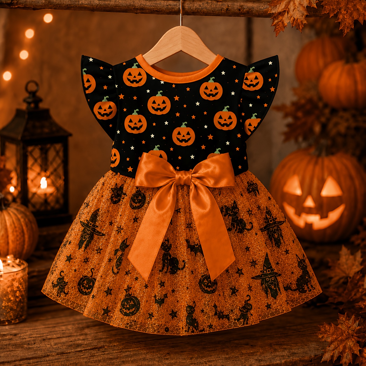 TEMU Halloween Pumpkin Print Dog Dress With Bow - Comfortable And Breathable, Light , Pet Apparel For Small To Medium Breeds