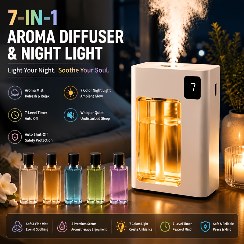 TEMU 3-in-1 With Colorful Led Night Light, Automatic Essential Oil Diffuser, Portable Mini Air Humidifier, Home Relaxation Device, Ideal Gift For