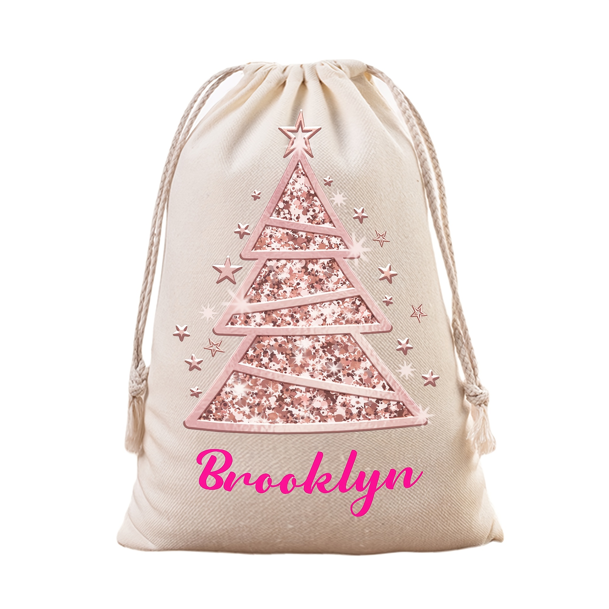 

Customizable Brooklyn-themed Rose Golden Christmas Drawstring Gift Bag - Elegant Polyester Holiday Decor With Pink Glitter Accents, Christmas Decorations