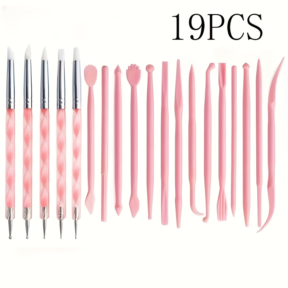 TEMU 19-delige roze set voor embossing, poederkwast schilderen, diverse stijlen van doe-het-zelf boetseren, polymer klei pottenbakkersgereedschap,