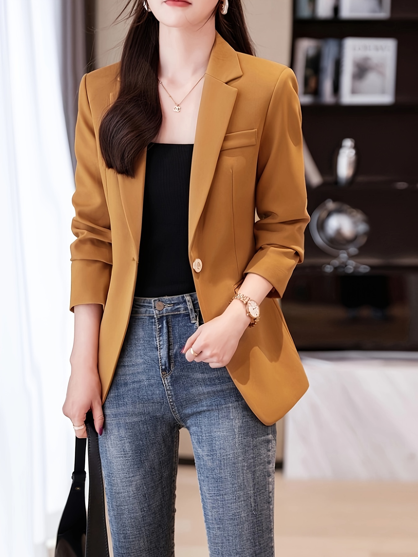 Lapel Neck Single Button Blazer, Casual Long Sleeve Blazer For Office &  Work, Women's Clothing