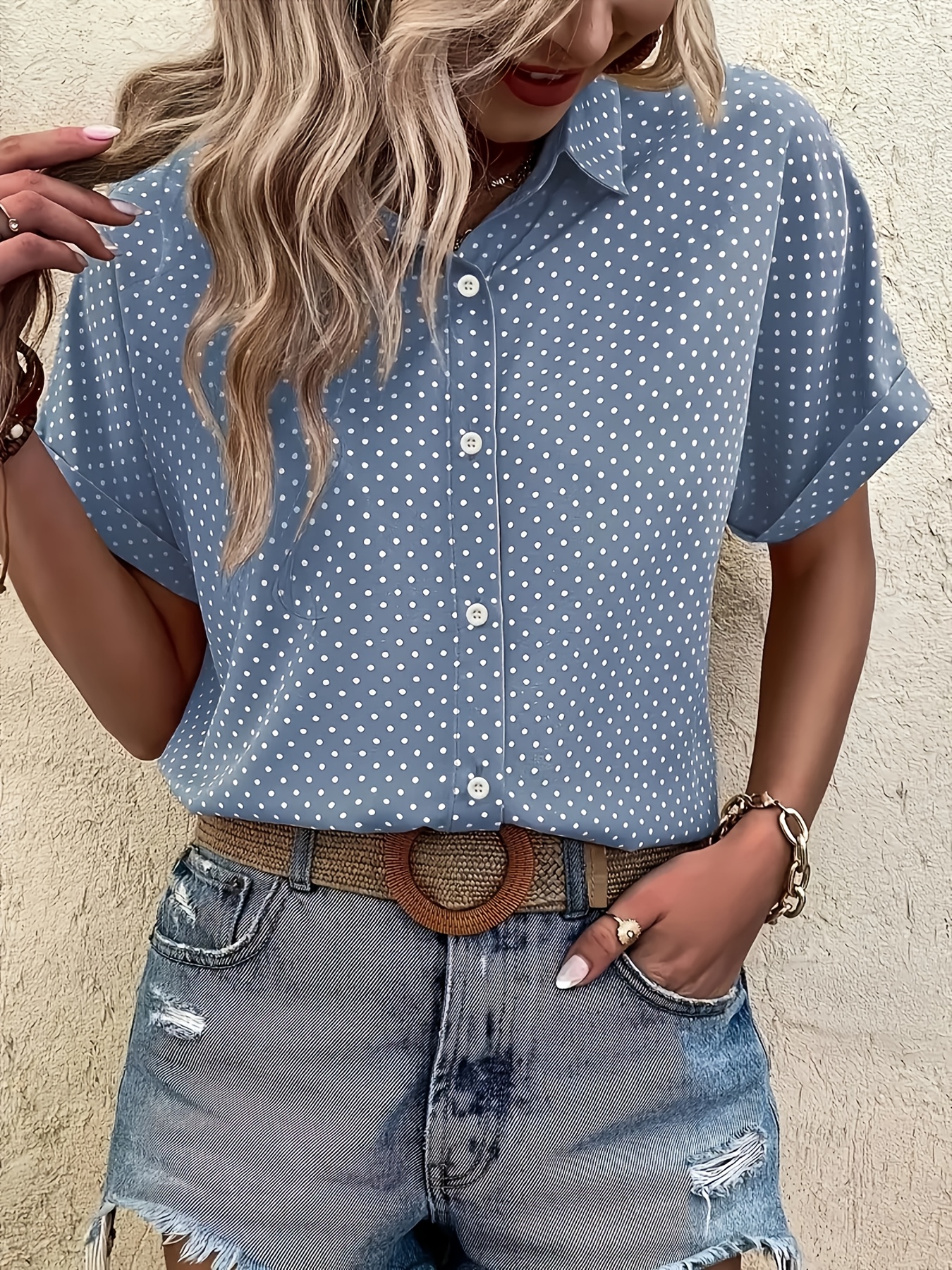 Plus Size, Plus Size Women's White Polka Dot Short Sleeve Blouse  Oversized Button- Shirt with Collar, Wrinkle-* Top for Casual Formal