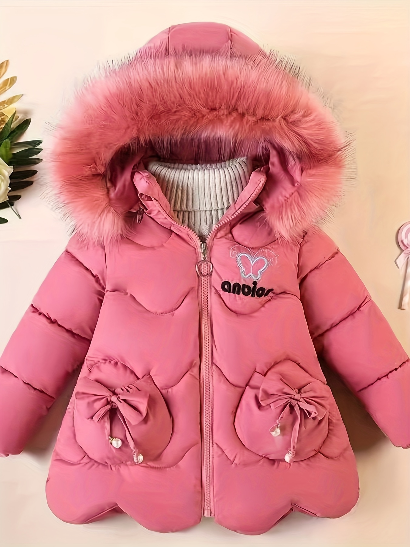 Meisjes' Lange Rode Jas met Strik en Geborduurd Ontwerp, Koreaanse Stijl Dikke Winterjas voor Meisjes