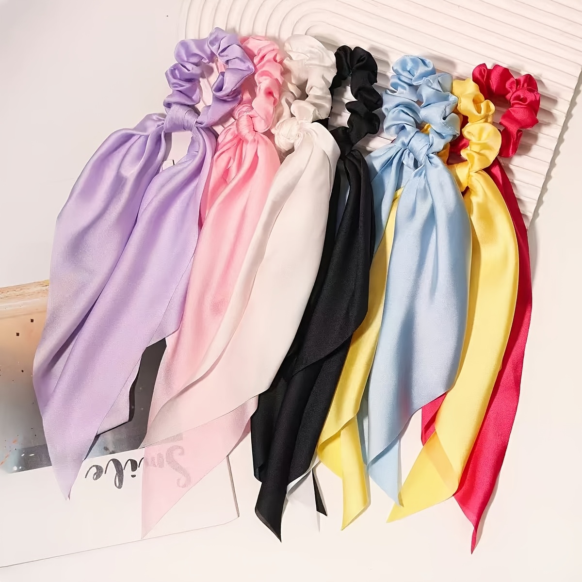 TEMU Random 7pcs Set Of Ribbon Scrunchies For Women, Long Bow Hair Ties, Y Smooth -like Hair Bands, Gentle Style Ponytail Holders, Versatile Hair