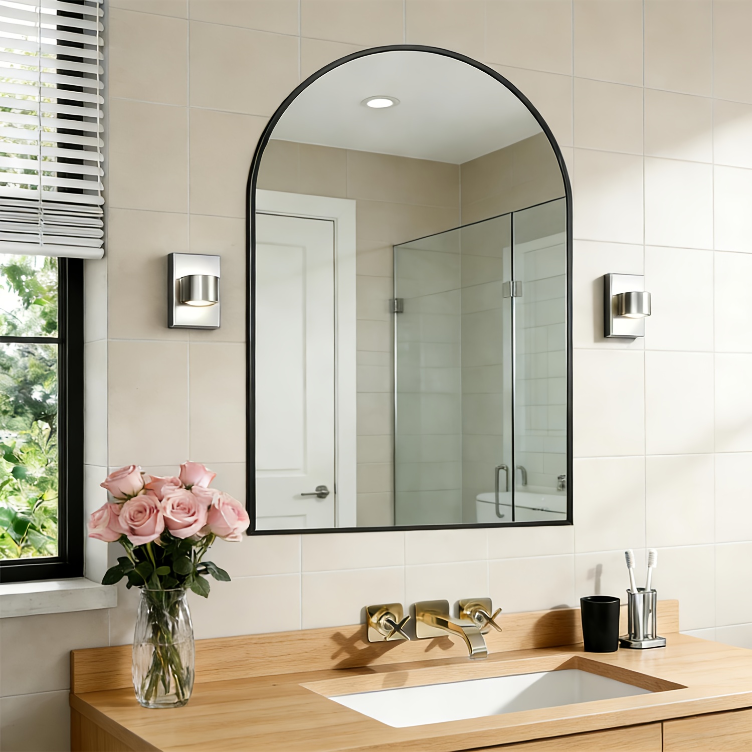 90 X 60cm Bathroom Arched Wall Mirror, Arched Vanity Mirror, Hung Or Leaned Against Wall, Suitable For Bathroom, Hallway, Living Room, Bedroom (black/golden)