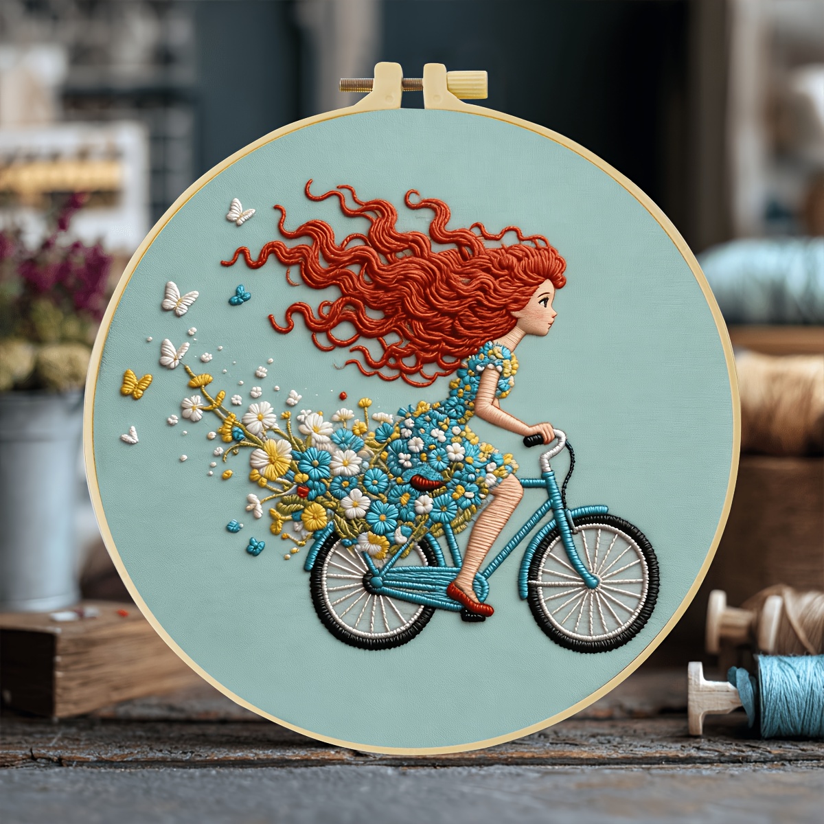 TEMU 1pc Embroidery Kit, 20x20cm/7.9x7.9inch, A Girl Riding A Bicycle, Handmade Diy Embroidery Kit, Suitable For Diy Embroidery Lovers For Adult