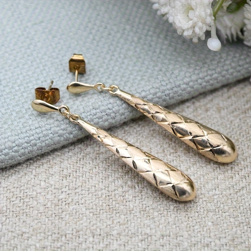 Vintage Golden Torpedo Drop Earrings with Brushed Harlequin Design