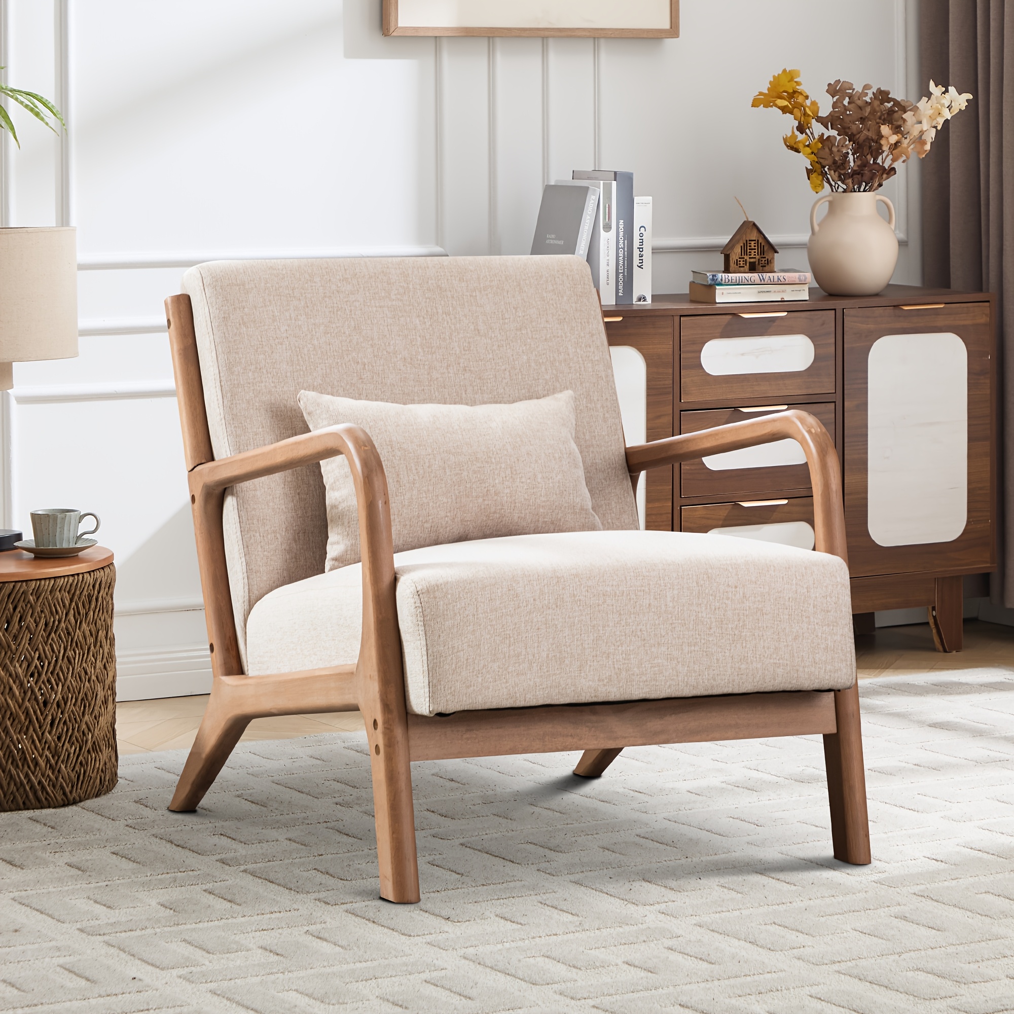 Image of Modern Accent Chair With Rubber Wood Frame, Leisure Chair With Lumbar Pillow, Anti-slip Felt Pads, Fabric Upholstered Reading Armchair For Living Room, Bedroom, Sunroom