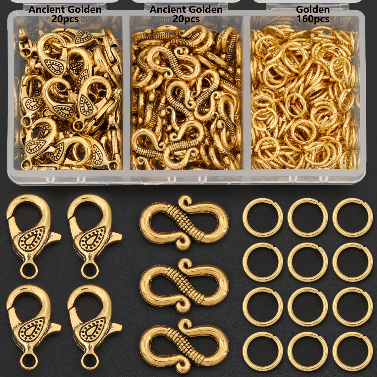 TEMU 200pcs/box Alloy Jewelry Clasp Parts Combination, Including 20pcs Embossed Pattern Hooks And 20pcs Water Drop Pattern Lobster Clasps And 160pcs