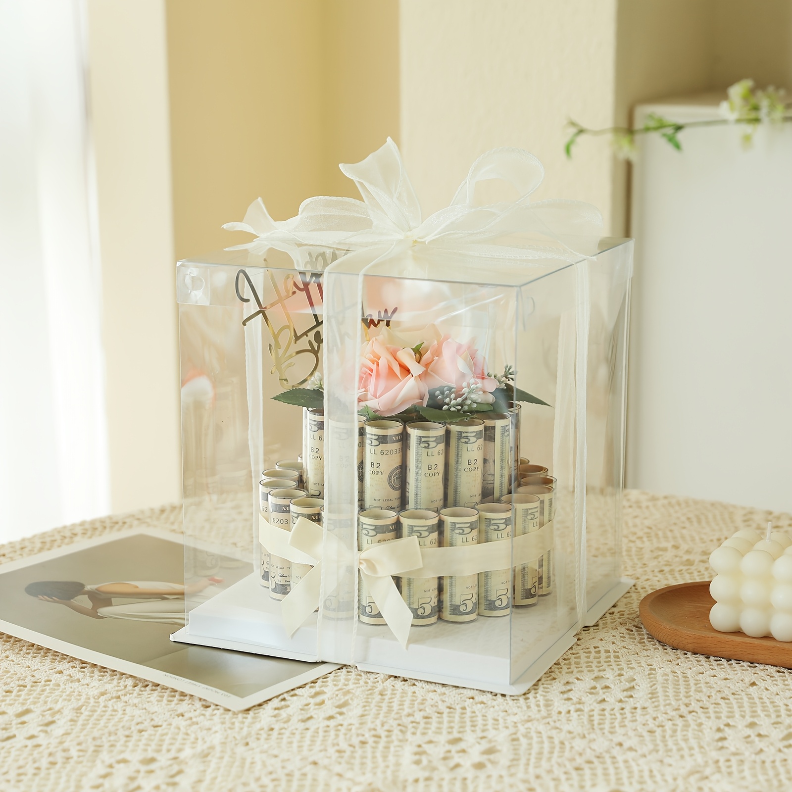 

2 Tier Cake Gift Box With Lid, Fake Cash Dispenser For Birthday, Wedding, Anniversary, Graduation, Christmas, Thanksgiving, New Year, Valentine's Day - Surprise Money Box For