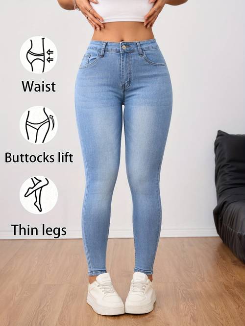 hellblaue, dehnbare skinny denim jeans bis zur