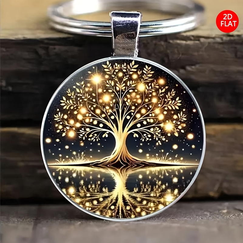 E-shop Leuchtender Lebensbaum-Muster Schlüsselanhänger - Wasserreflexionsdesign, modische Dekoration, rundes Glas, Zinklegierung Schlüsselring, Unisex,