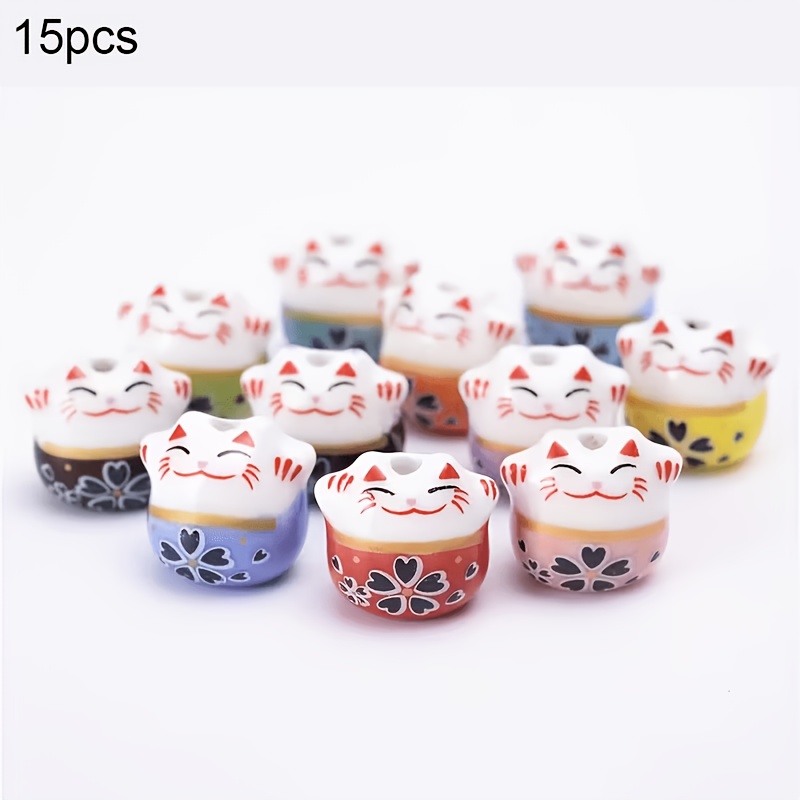 TEMU 15pcs 14Mm Mix Perles de Céramique Chat Perles Libres pour la Fabrication de Bijoux Bracelet Collier Porte-Clés | Idéal pour la Fête des Mères,