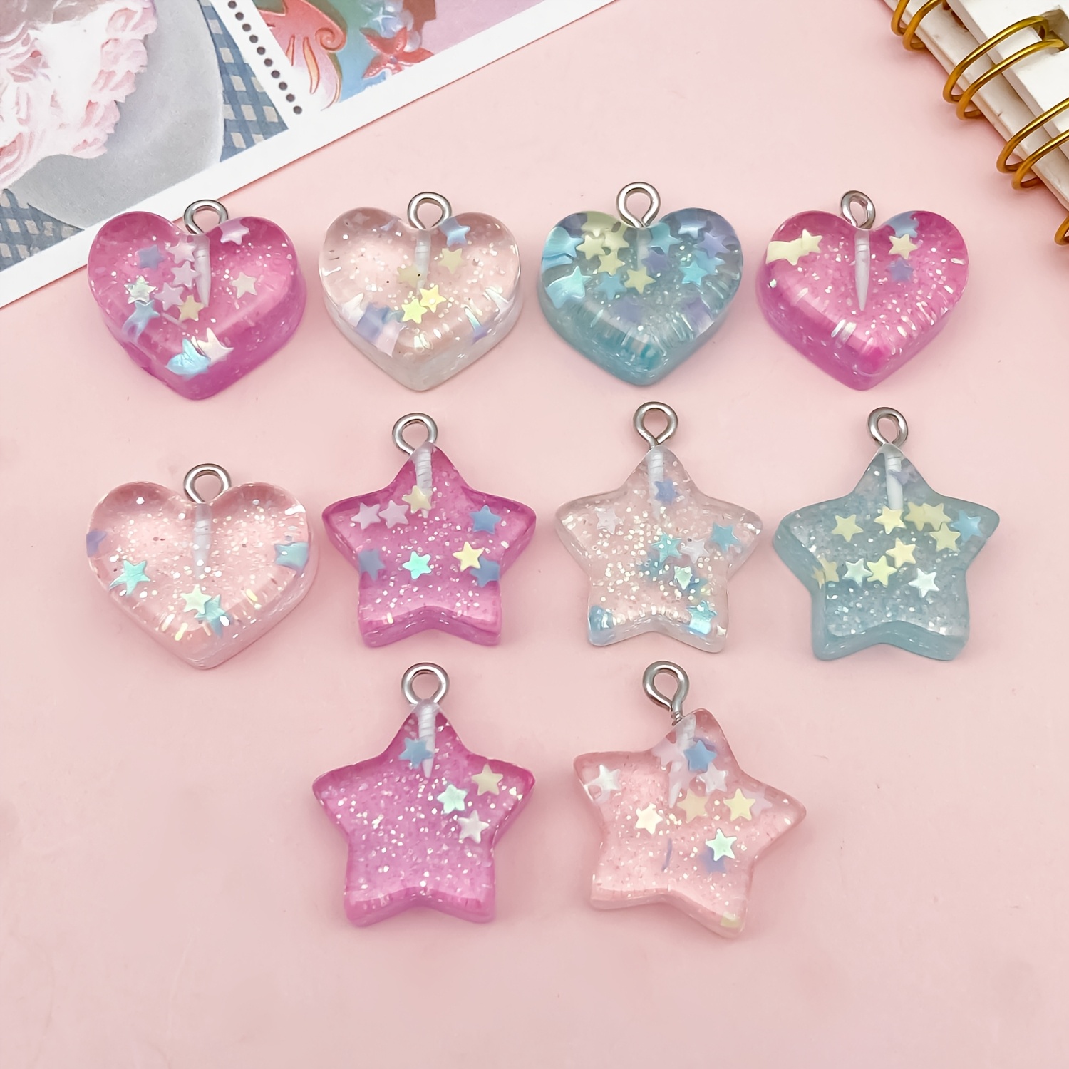 TEMU 10 piezas de dijes de estrella de resina SAILANZI con lentejuelas de multicolor y de lentejuelas colgantes, adecuados para hacer joyas DIY, para