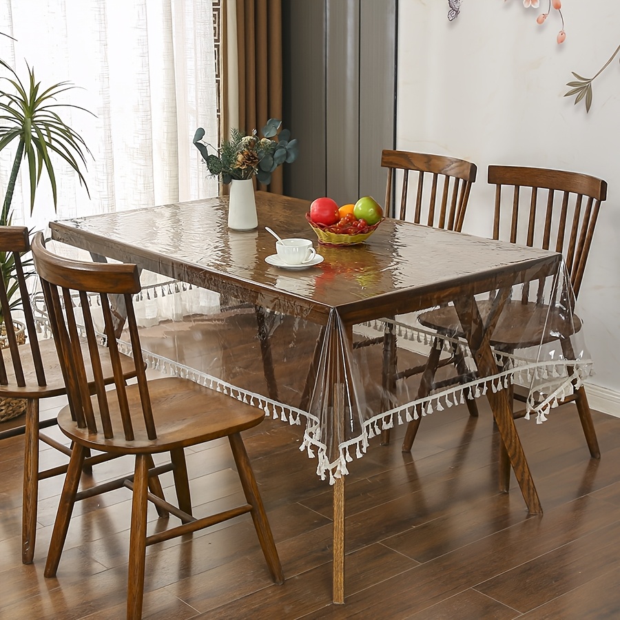 1pc elegant clear pvc tablecloth with beige tassel accents ideal for wedding decor spring parties mothers day gifts rectangular design simple stylish wedding decorations