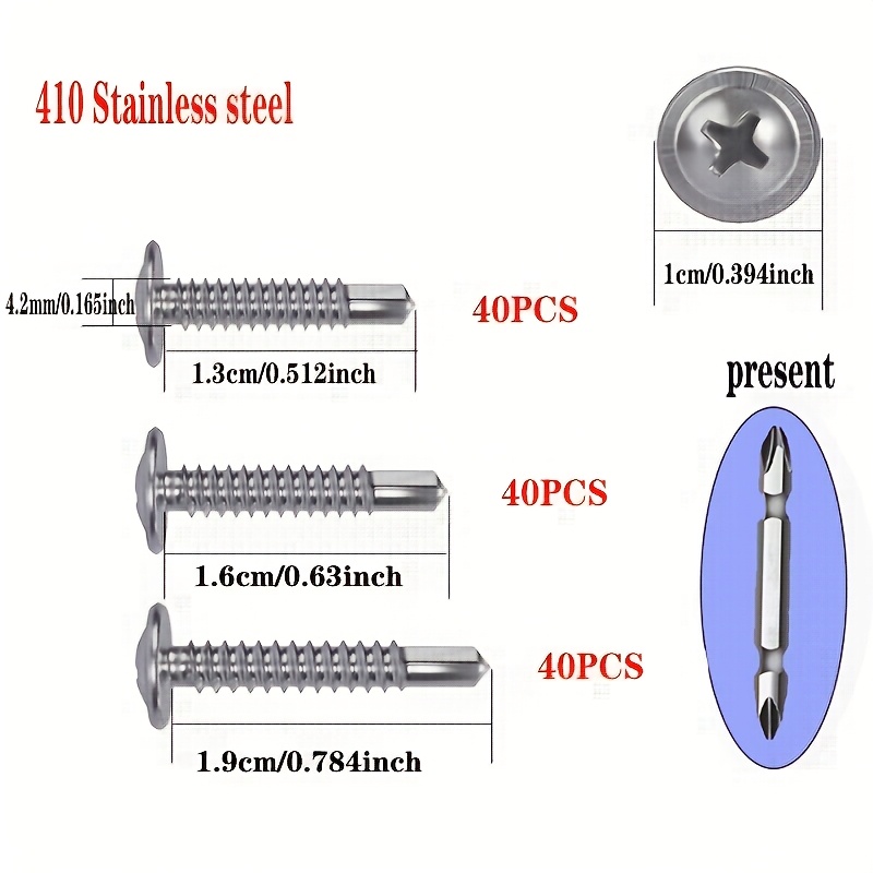 Image of 120pcs, 410 Stainless Steel Large Self-drilling Screws, Cross Drill Self-tapping Screws, Lengths 0.512", 0.63", 0.748" 3 Combination Sets, For Metal, Wood, Repair