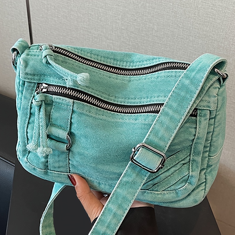 TEMU Womens Turquoise Synthetic Handbag With Adjustable Strap Multizipper Compartments Spacious Square Crossbody Bag With Hardware, Hardware Zippered , Shopping, Everyday Purse Durable Lining Hardwar