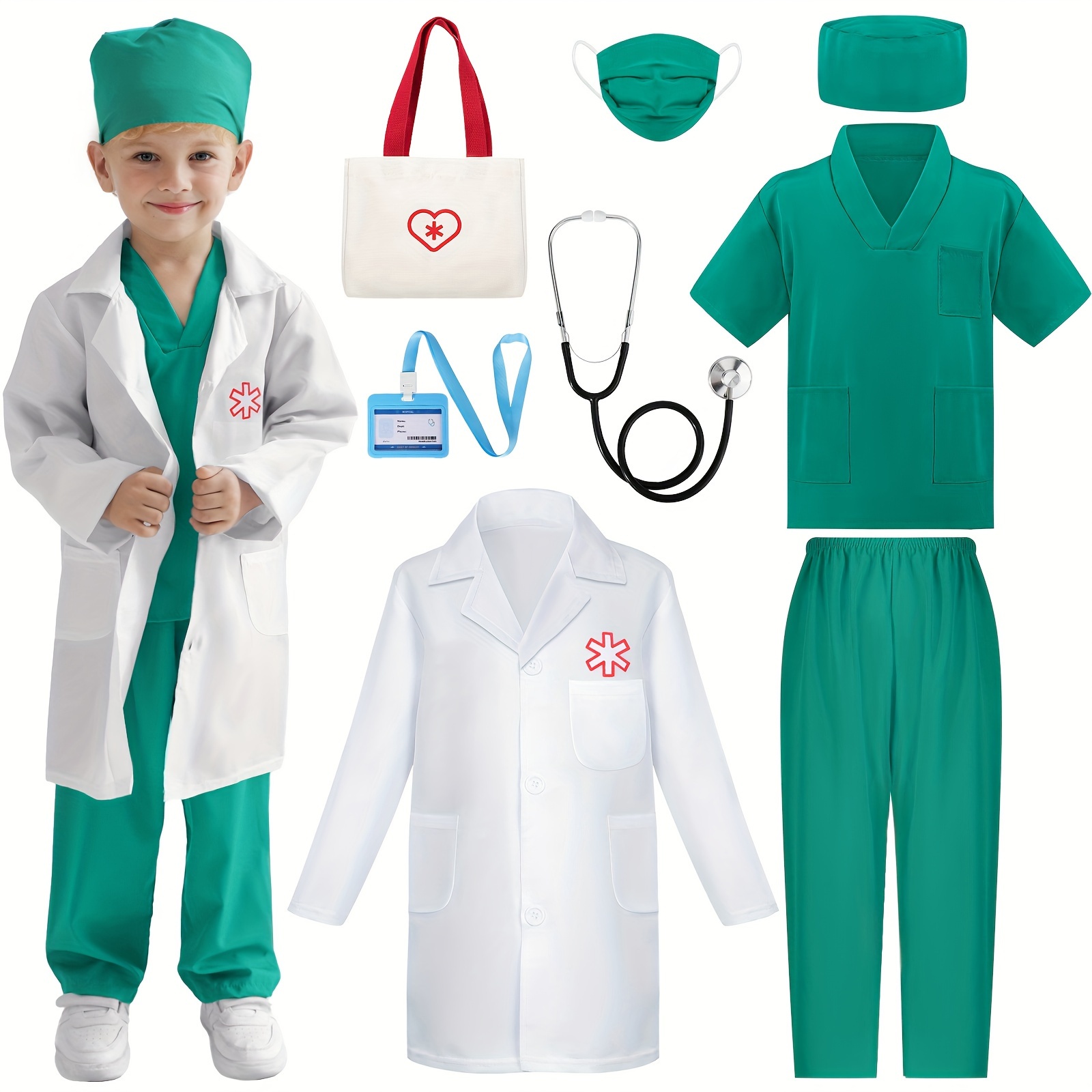 

Doctor Costume For Kids, Toddler Nurse Outfit With Real Stethoscope & Carry Bag, Halloween Medical Dress For Girls Boys (green)