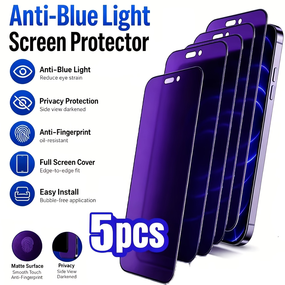 TEMU 5pcs Anti-blue Light Privacy Screen Protectors For Iphone 18 Pro Max/18 Pro/17 Pro Max/17 Pro/17/16/15/14/13/12/11/plus/mini/air/17e/16e/x/xr/xs