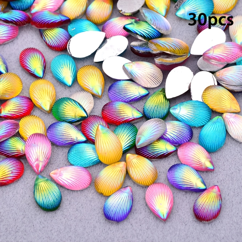 2d Flat, 30pcs 0.8 * 1.3cm/0.31 * 0.51in Random Color Mixing Resin Colorful Seashell Water Drop Flat Back Rhinestone Accessories Wedding Decoration