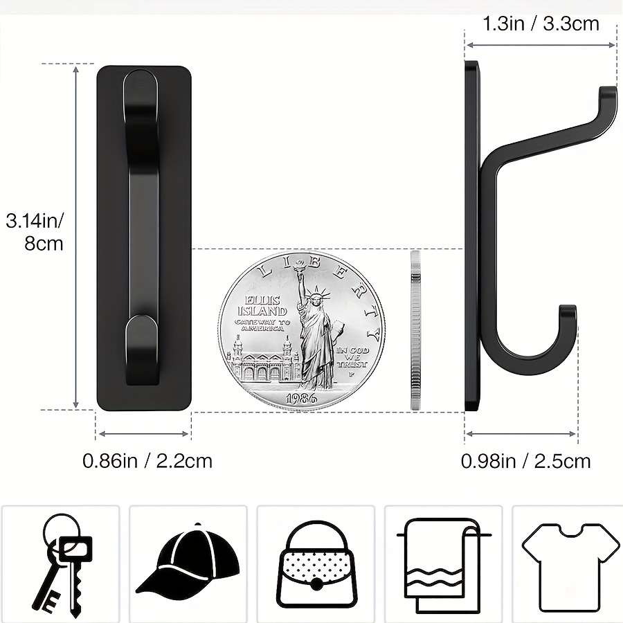 12pcs Self-Adhesive Hooks, Extra Strong Adhesive Hooks Holds Up to 6kg, Heavy-Duty Wall and Door Hooks for Towels, Coats, Hats, and Wallets in Bathroom, Shower, and Kitchen, Black, 12pcs Set