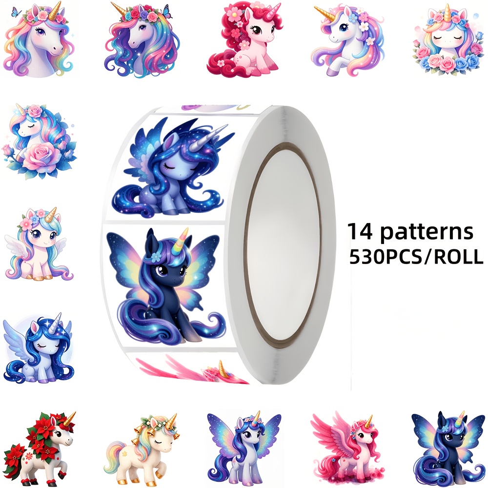 TEMU 530pcs Unicorn Themed Stickers, 14 Pattern Designs, Suitable For Decorating Laptops, Tablets, Notebooks, Envelopes, Gift Boxes, Luggage, Etc.,