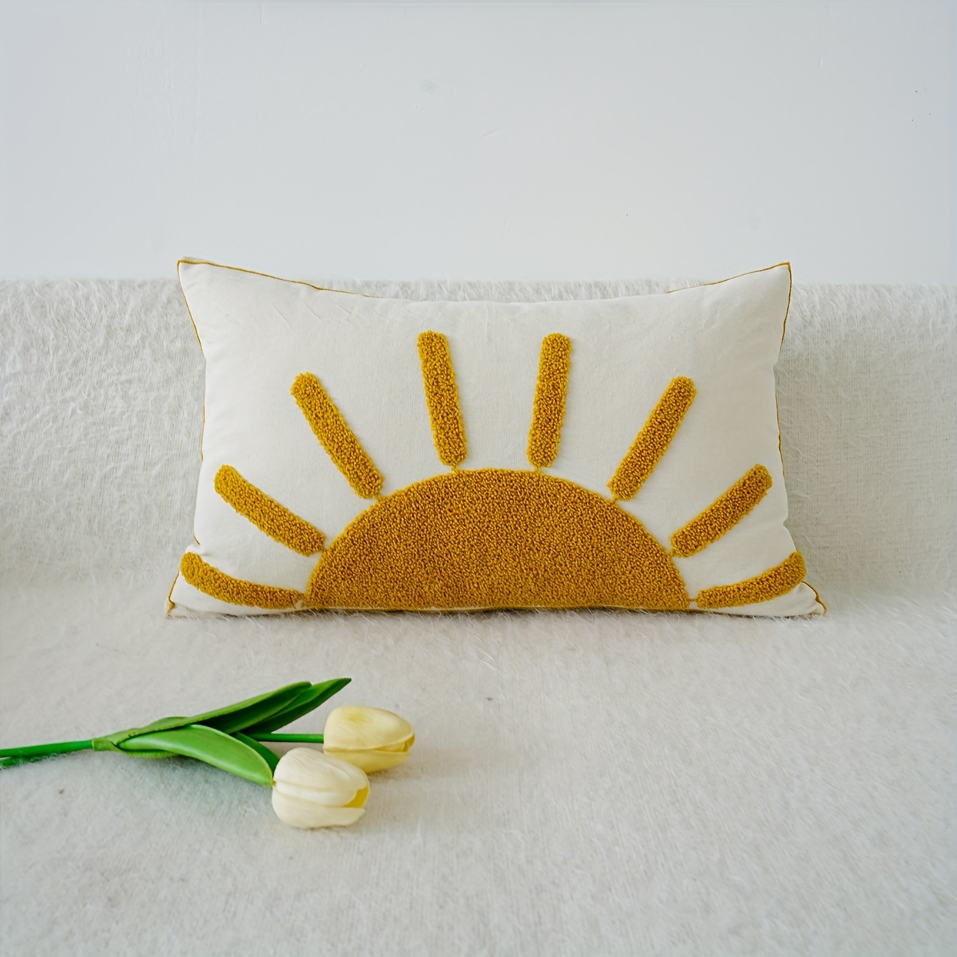 Image of 1pc Cotton Canvas Yelllow Sun Cushion Cover Without Filler, Modern Decorative Throw Pillowcase For Sofa Living Room, Home Decor Room Decor
