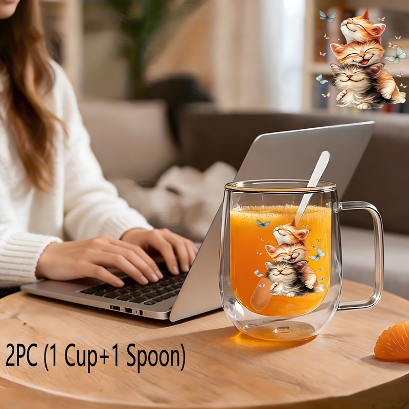 TEMU 2pcs Insulated Double-walled Borosilicate Reusable Glass Cup With Spoon Handle,large Capacity Clear Coffee Mug For Beverages Drinks For Men