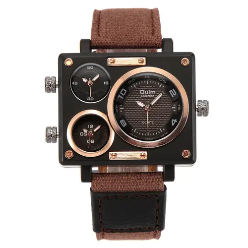 mens large square dial watch multi time zone leather strap quartz wristwatch