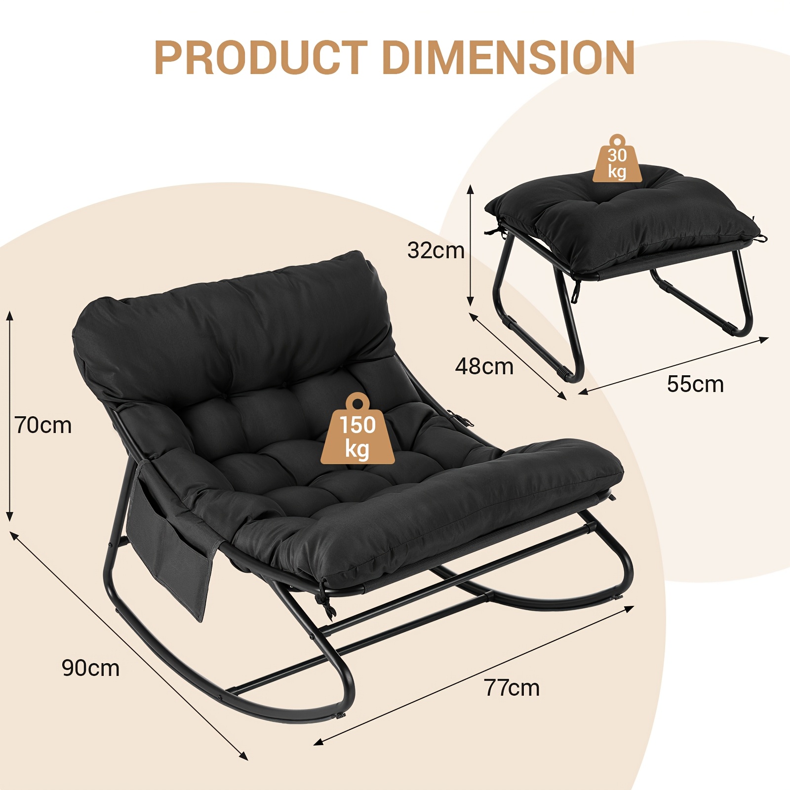 Patio Rocking Chair With Footstool, Garden Rocking Chair, Cushioned Swing Chair, Weight Capacity 150 Kg, Suitable For Garden, Balcony, Living Room, Patio, Bedroom, And Terrace