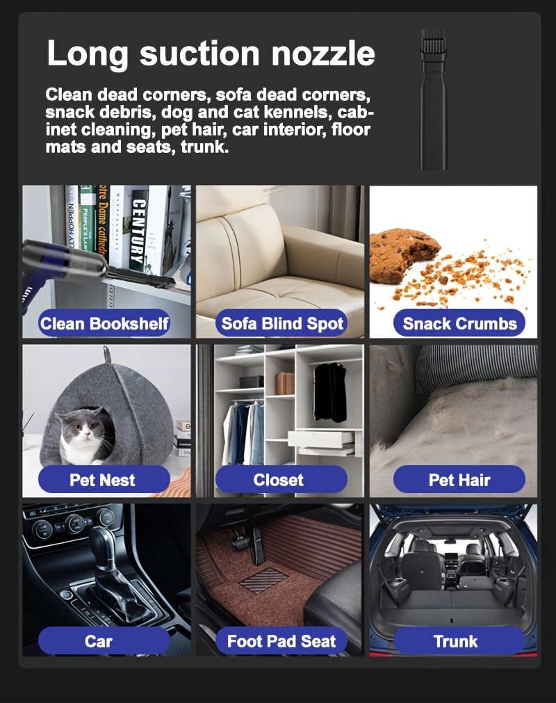 Aspiradora inalámbrica con tres funciones: succión, aspiración y soplado. Alta potencia, larga duración de batería, ideal para limpiar polvo, residuos y pelo de mascotas en casa o coche, incluye accesorios adicionales