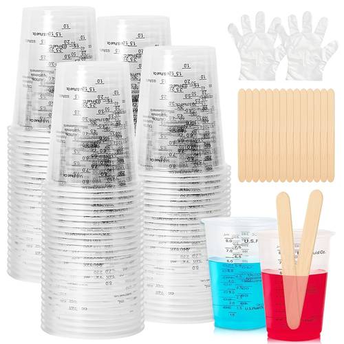 25 50 100pcs 8oz disposable multi purposegraduated plastic measuring cups 25 50 100pcs wooden stirring stick set 40 pairs disposable gloves art materials multipurpose set clear plastic cups lightweight construction reusable option
