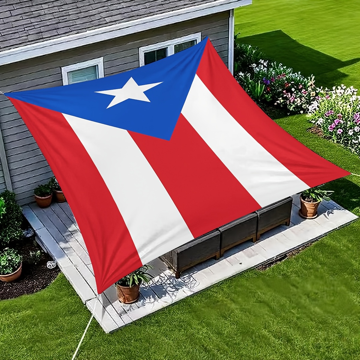 TEMU 1pc 2d Flat Printed Sunshade Awning, Puerto Flag Style 2d Flat Printed Awning, Puerto Flag Print Pattern, Portable Sun Protection, Beach