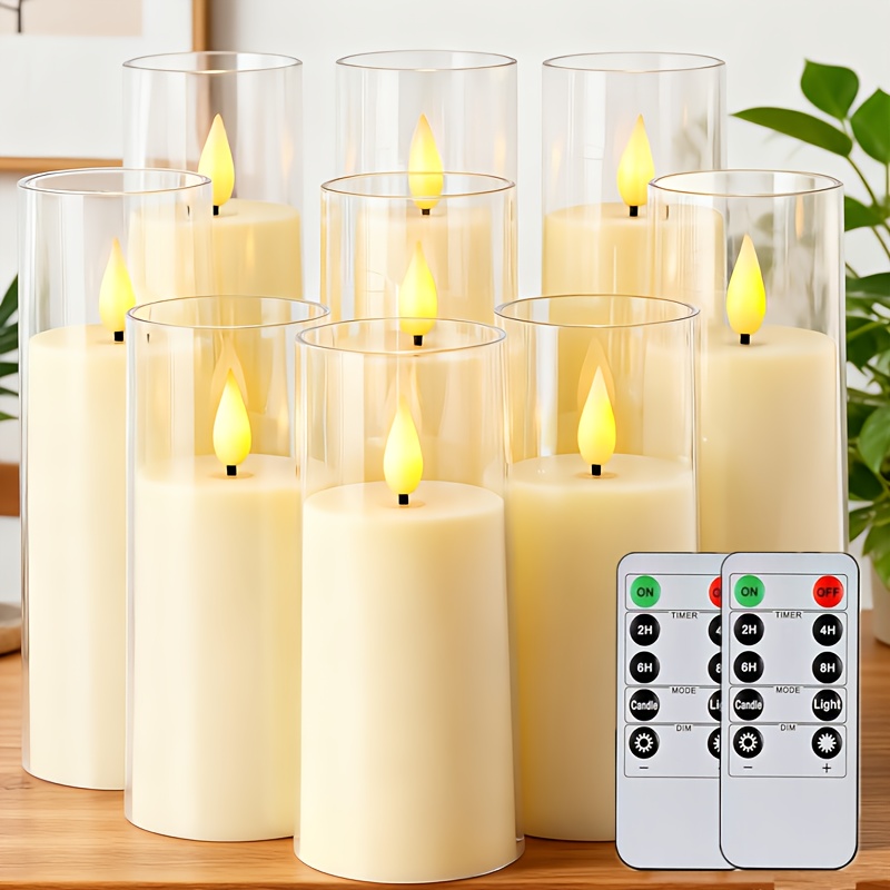 TEMU 9 Set Flameless Candles | Battery Operated Acrylic Flickering Led Pillar Candles With Remote And Timer, 2.2'' X H5''6''7'', Warm White Light, Ideal For Wedding Home Decor